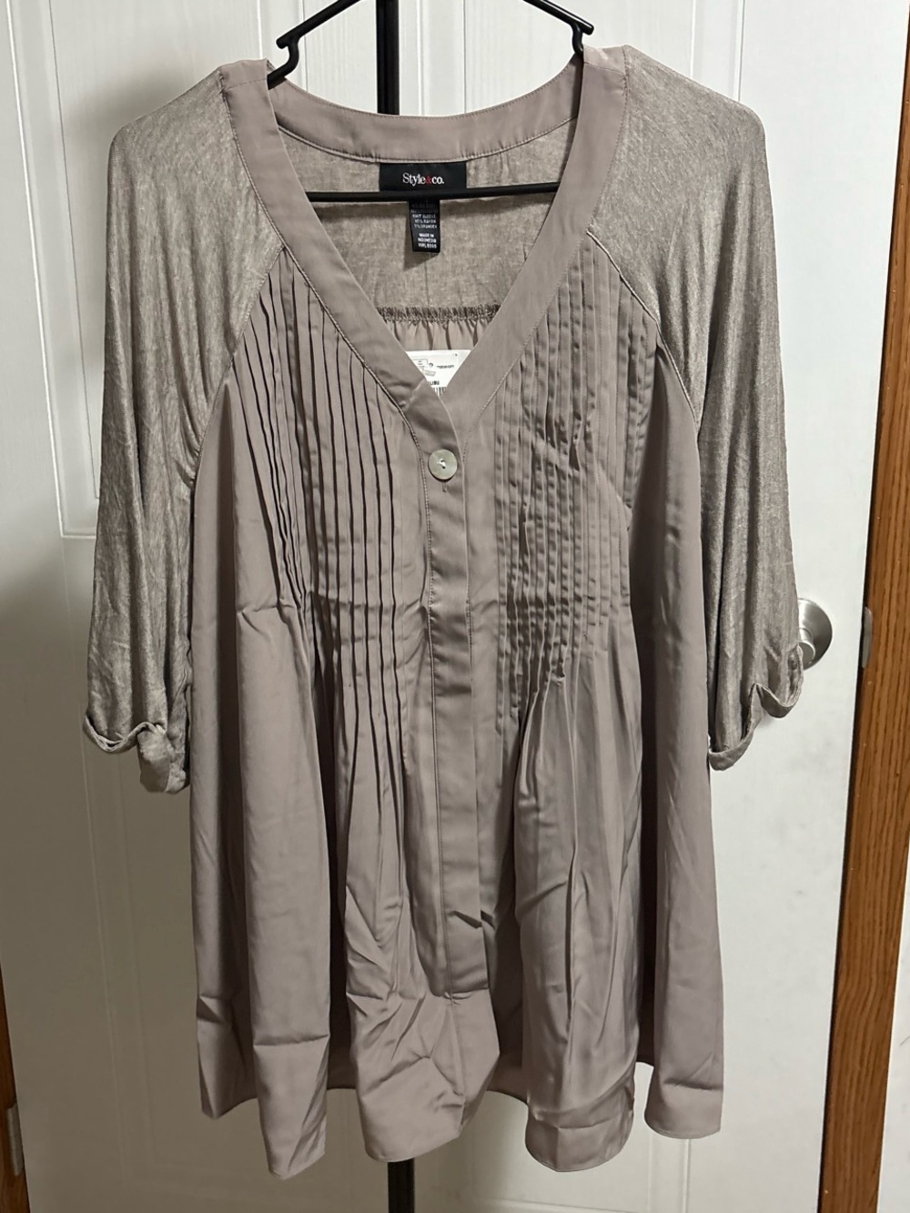 Style & Co. Taupe Pleated V-Neck Tunic with Dolman Sleeves